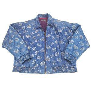 Vintage Women's Bomber Jacket Eclectic Zip Up Blue Floral with Pockets Medium